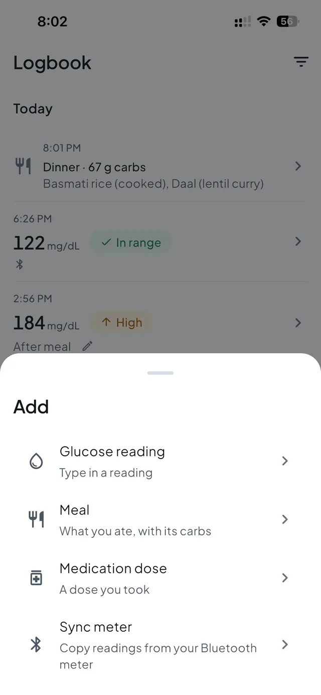The Add sheet: glucose reading, meal, medication dose or sync meter