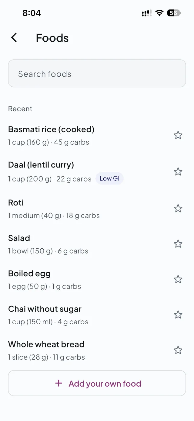 Foods: search, recent foods such as daal marked Low GI, roti and chai, each with carbs per serving