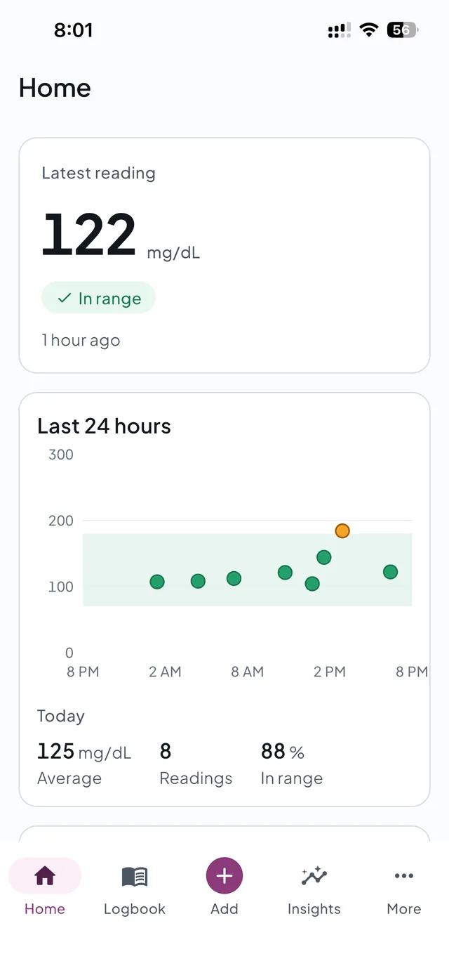 Sugar Pulse Home: latest reading 122 mg/dL, in range, a chart of the last 24 hours, and today's average and time in range