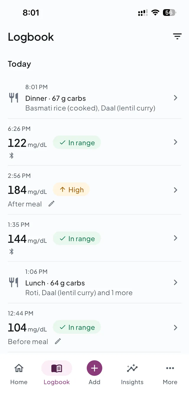 Logbook for today: readings with in range and high labels, and a lunch with its carbs