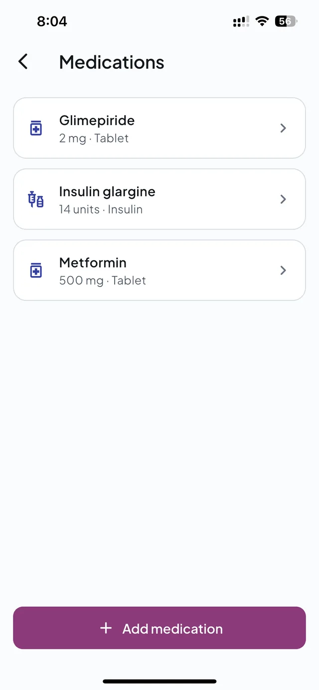 Medications: glimepiride, insulin glargine and metformin with their usual doses