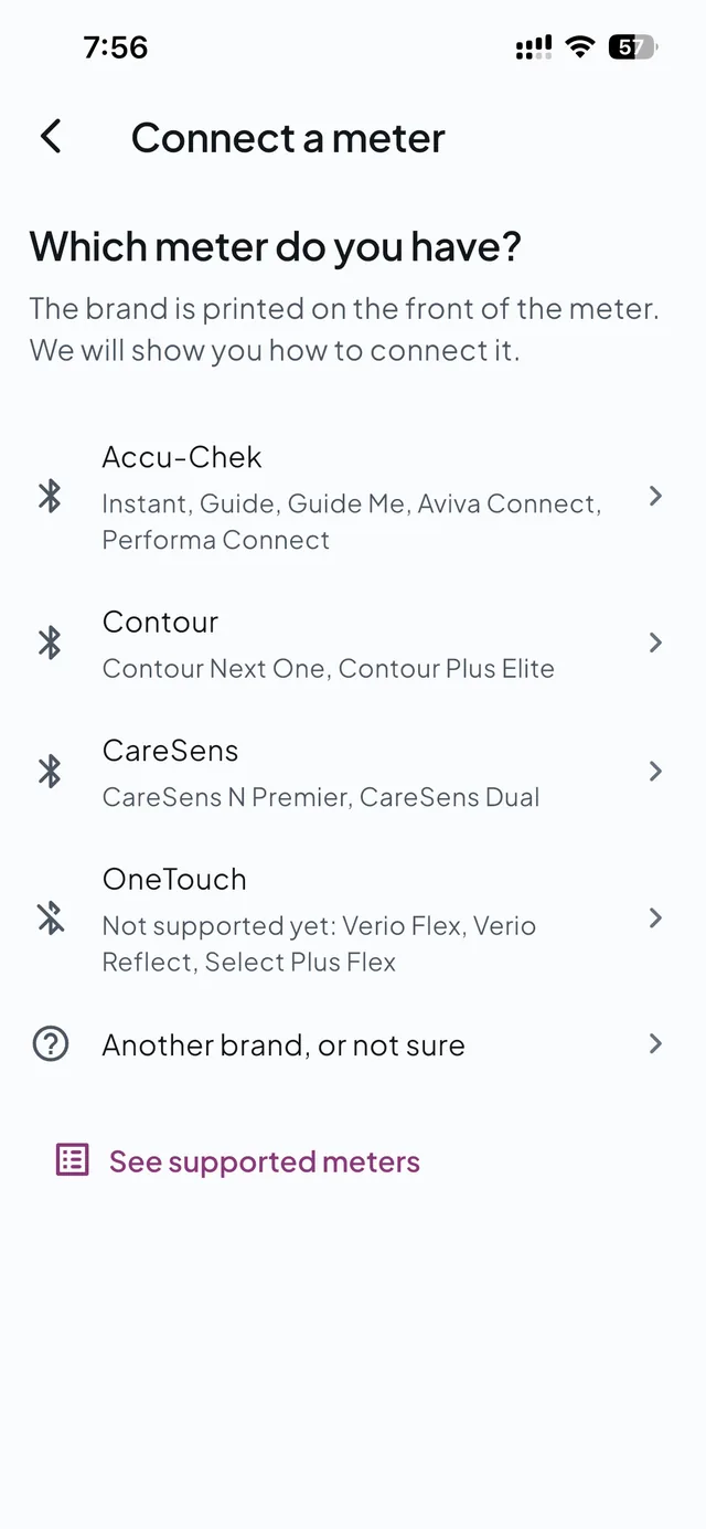 Connect a meter: choose your brand, Accu-Chek, Contour, CareSens, OneTouch or another brand