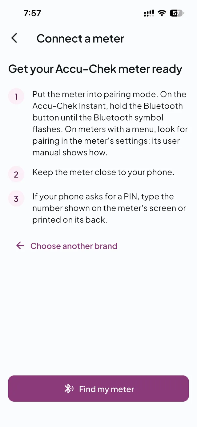 Pairing steps for an Accu-Chek meter, with a Find my meter button