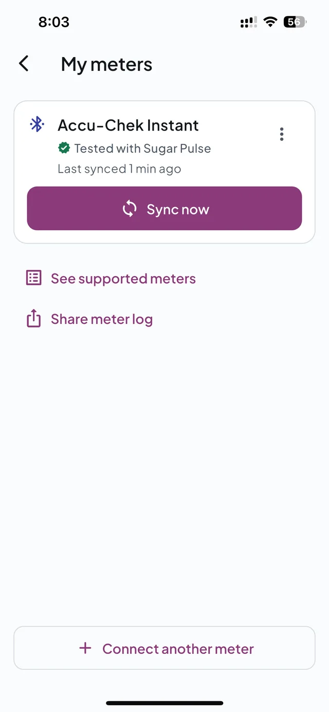 My meters: an Accu-Chek Instant, tested with Sugar Pulse, last synced a minute ago, with a Sync now button