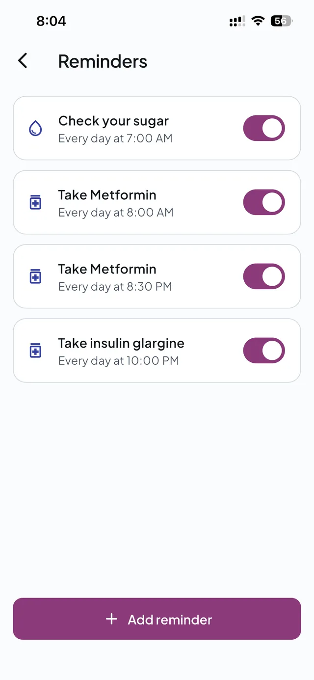 Reminders: check your sugar at 7 AM, take metformin at 8 AM and 8:30 PM, take insulin glargine at 10 PM